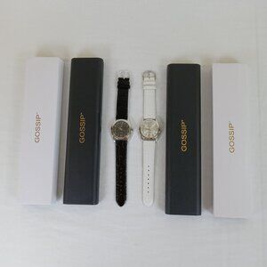 2 GOSSIP Quartz Wristwatch Set Black White Leather Bands Stainless NEW BATTERIES